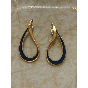Vintage AVON Color Swirl Gold Tone and Navy Blue Enamel Pierced Earrings 80s